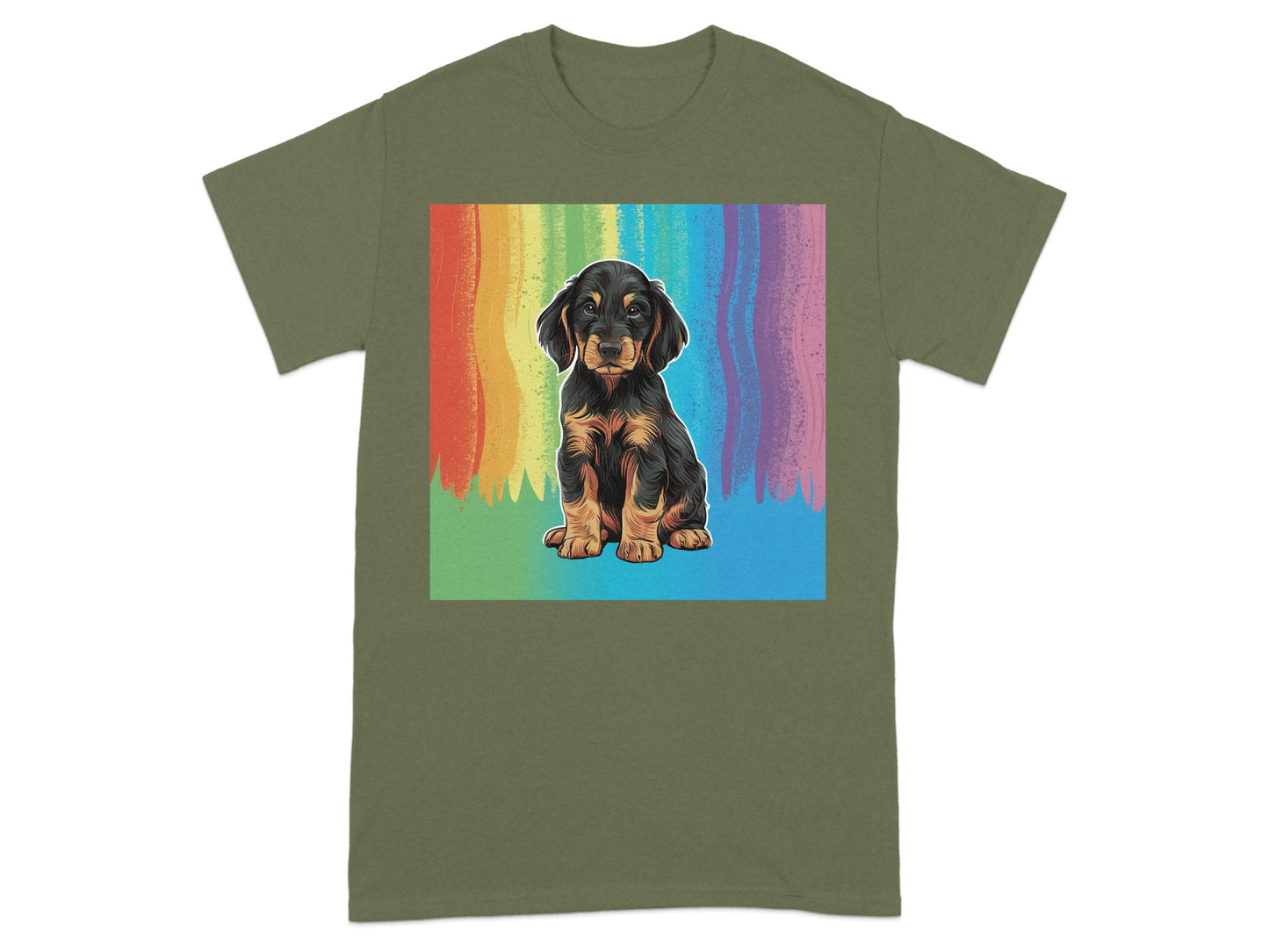 Colorful Rainbow Puppy Dog on Green T-Shirt product type