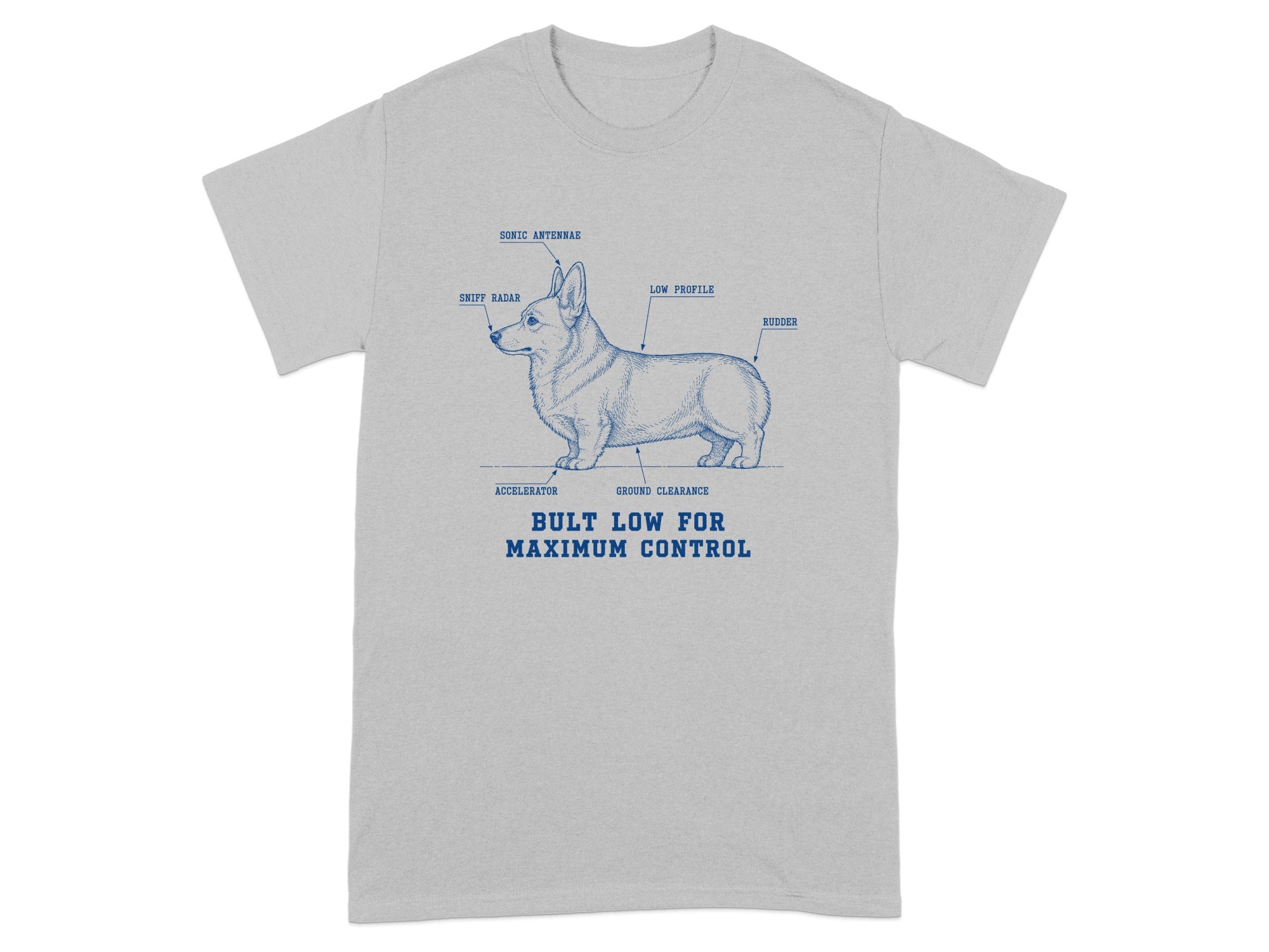 Corgi illustration with humorous labels like "sonic antennae" and "maximum control."