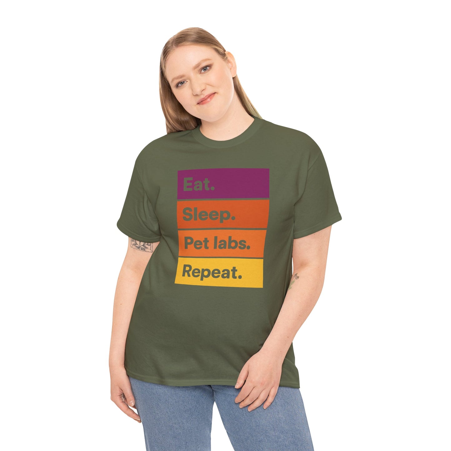 Color Block Unisex T-Shirt with Retro Sunset Colors and 'Eat Sleep Pet Labs Repeat' Text