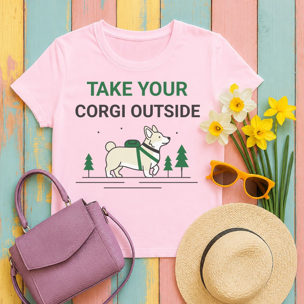 Take Your Corgi Outside Outdoors Adventure Cartoon T-Shirt in Light Pink