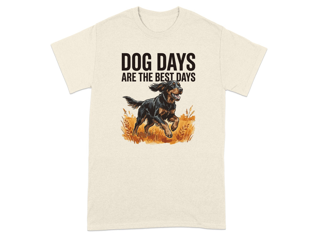 Dog Days Are The Best Days graphic with a dog running through grass on a t-shirt.