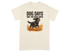 Dog Days Are The Best Days graphic with a dog running through grass on a t-shirt.