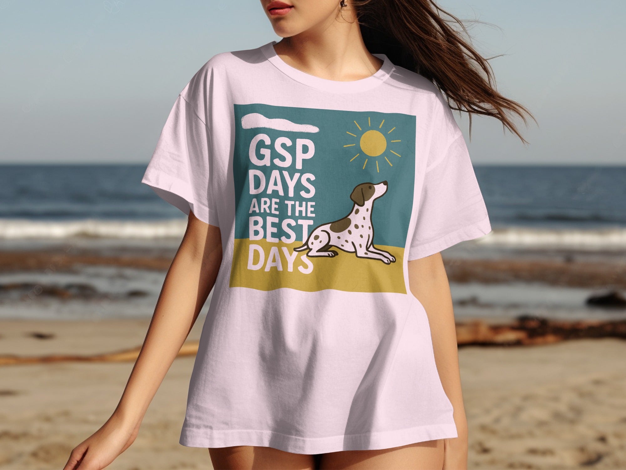 White t-shirt with graphic "GSP DAYS ARE THE BEST DAYS" and a German Shorthaired Pointer.