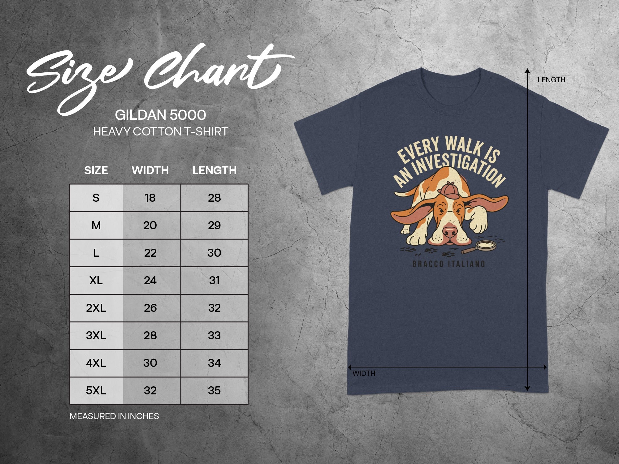 Gildan 5000 size chart with shirt measurements and graphic.