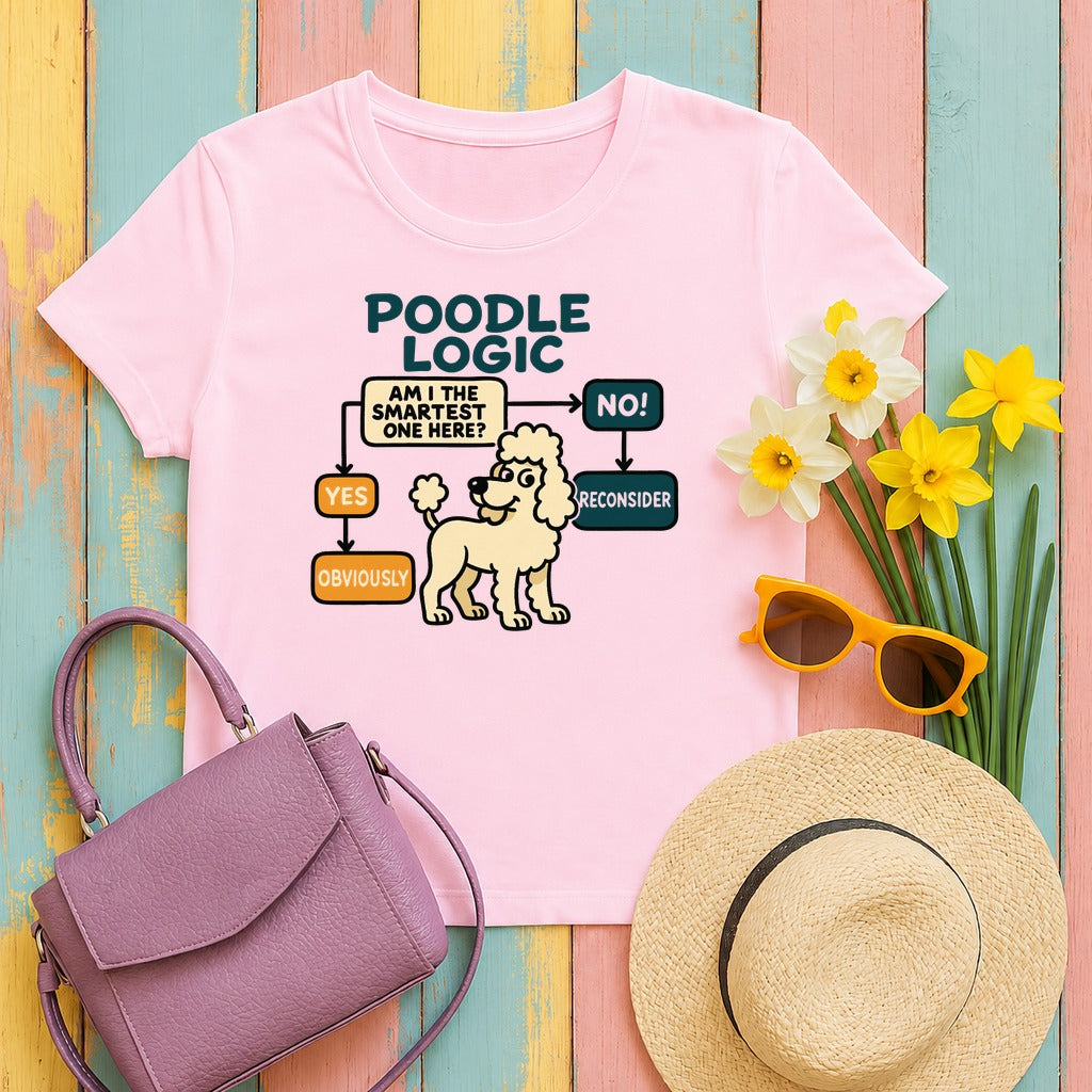 Poodle Logic: Am I the Smartest? Humor T-Shirt in Light Pink