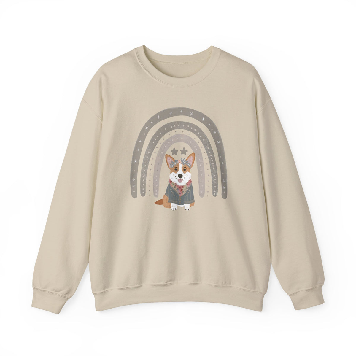 Cute Corgi with Rainbow Stars Sweatshirt in Sand
