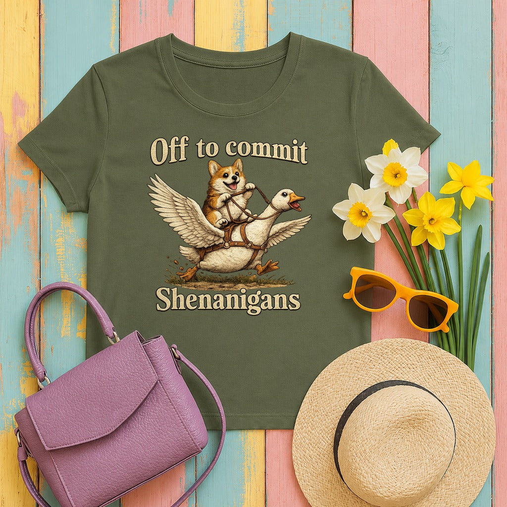 Corgi & Goose Shenanigans Graphic T-Shirt in Military Green