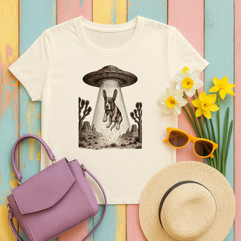 Chill Basset Hound Woodcut Art T-Shirt in Natural