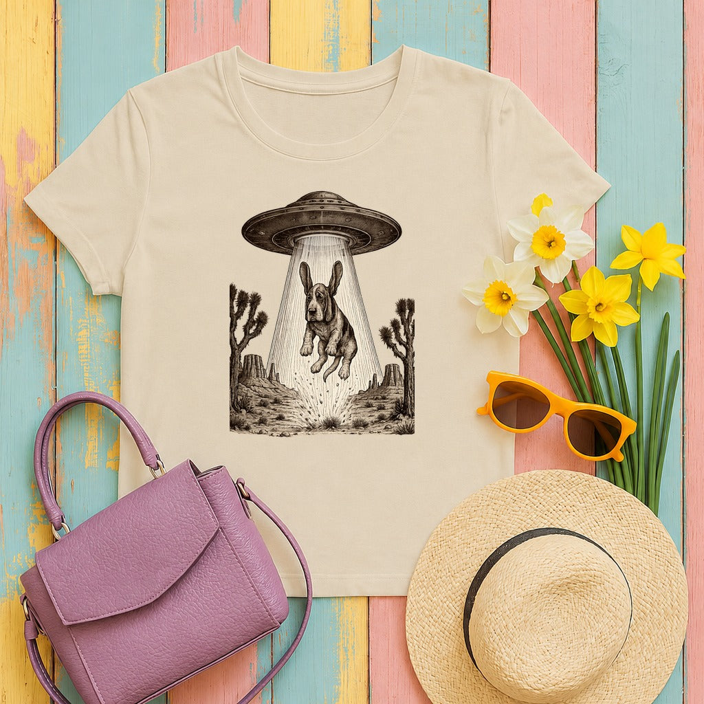 Chill Basset Hound Woodcut Art T-Shirt in Sand