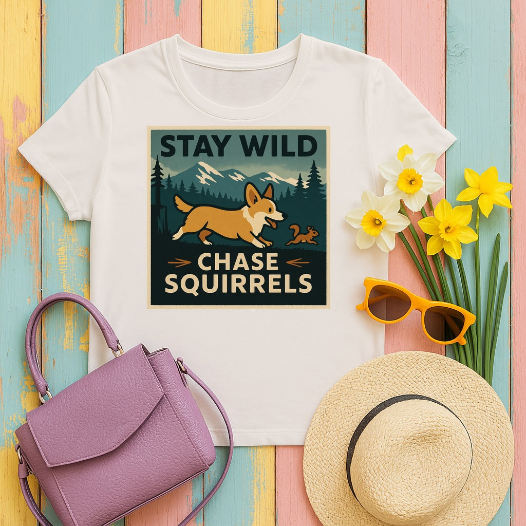 Stay Wild Chase Squirrels Corgi T-Shirts in Ice Grey