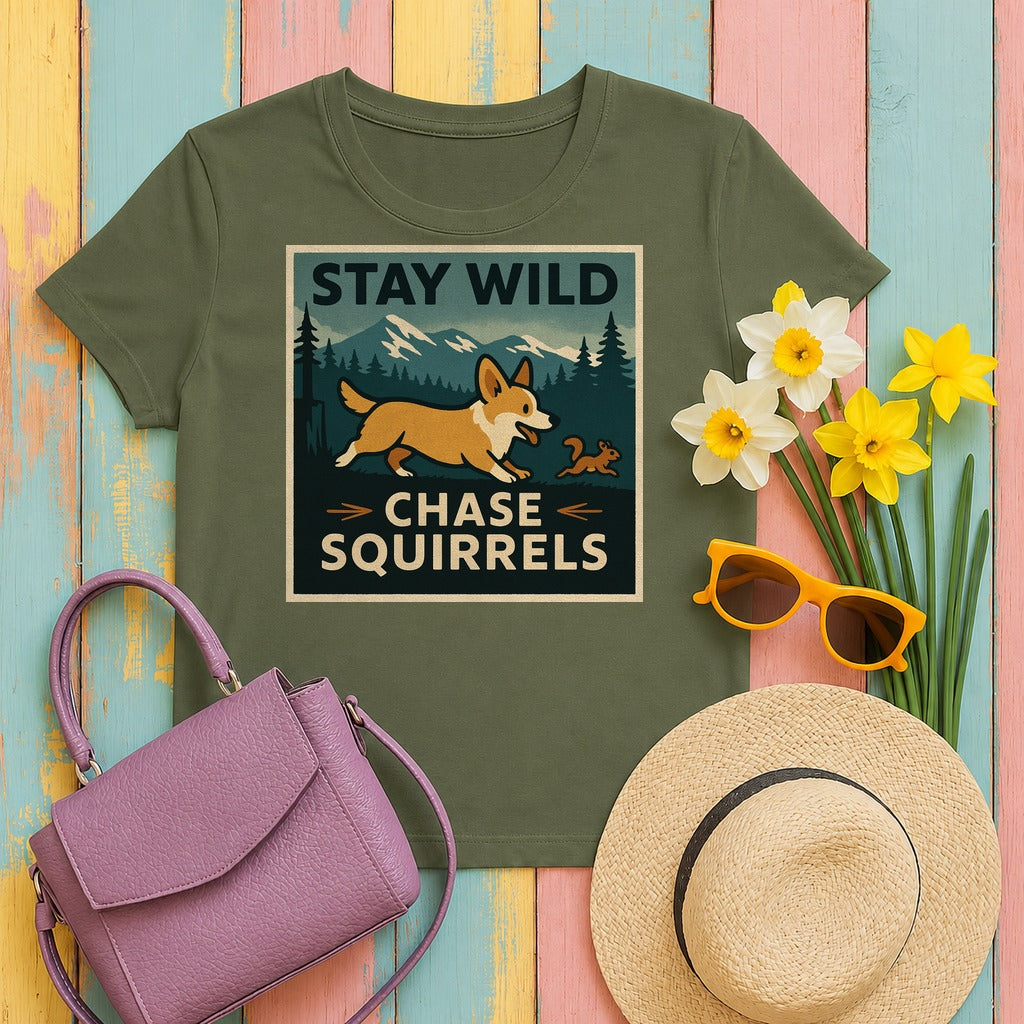 Stay Wild Chase Squirrels Corgi T-Shirts in Military Green