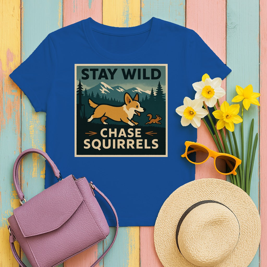 Stay Wild Chase Squirrels Corgi T-Shirts in Royal