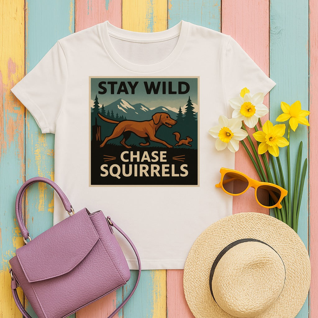 Stay Wild Chase Squirrels Vizsla T-Shirts in Ice Grey