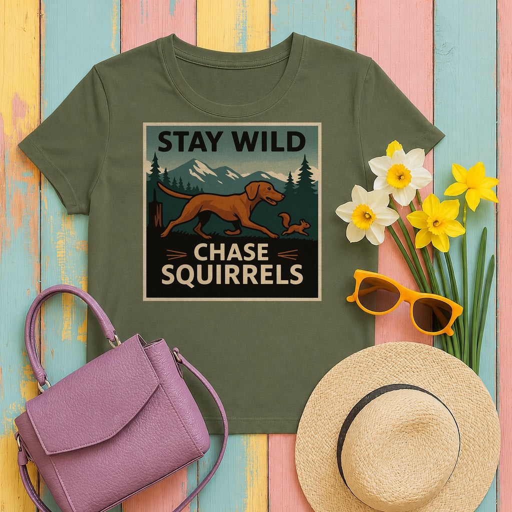 Stay Wild Chase Squirrels Vizsla T-Shirts in Military Green