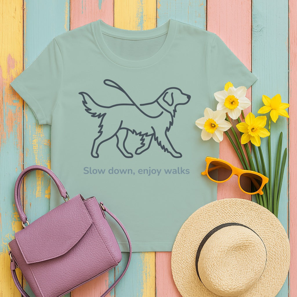 Dog Walks Golden Retriever T-Shirt in Dusty Blue