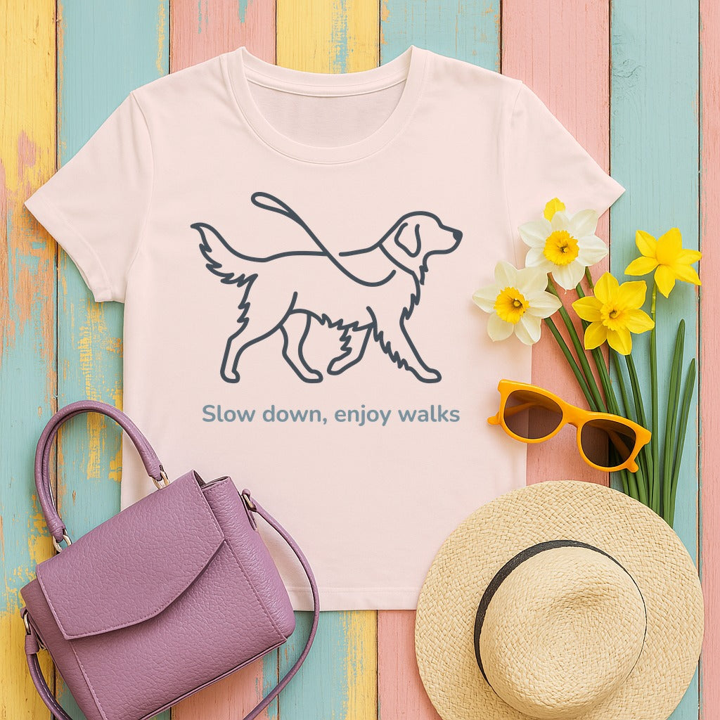 Dog Walks Golden Retriever T-Shirt in Soft Pink