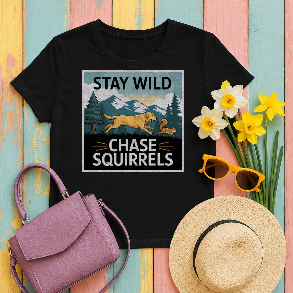 Labrador Retriever — Stay Wild Chase Squirrels Yellow Lab T-Shirts in Black