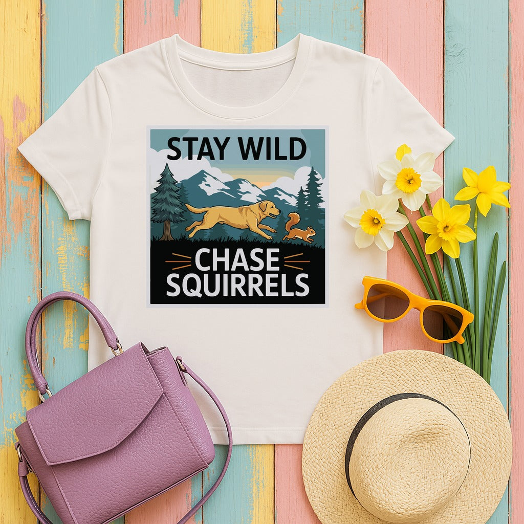 Labrador Retriever — Stay Wild Chase Squirrels Yellow Lab T-Shirts in Ice Grey