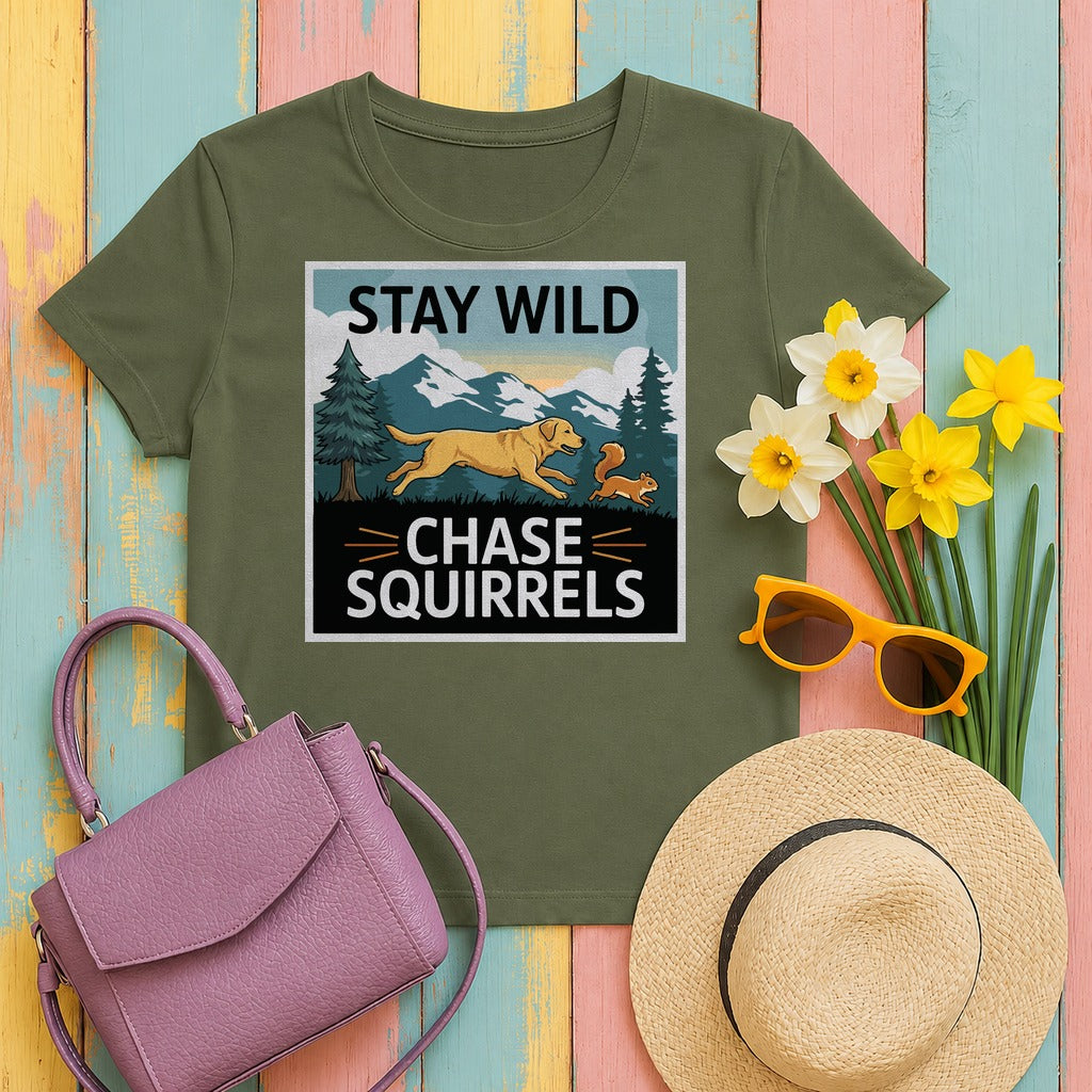 Labrador Retriever — Stay Wild Chase Squirrels Yellow Lab T-Shirts in Military Green