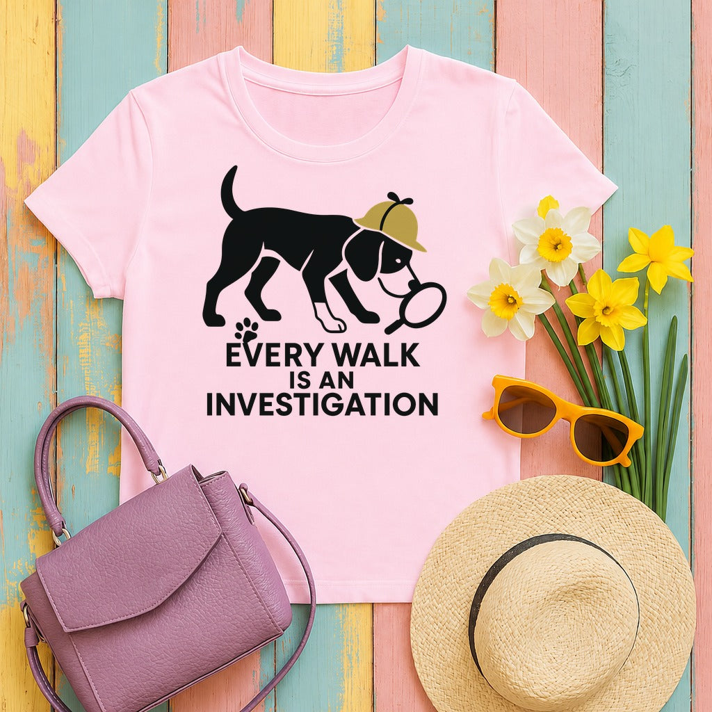 Every Walk Is An Investigation Beagle Artwork T-Shirt in Light Pink