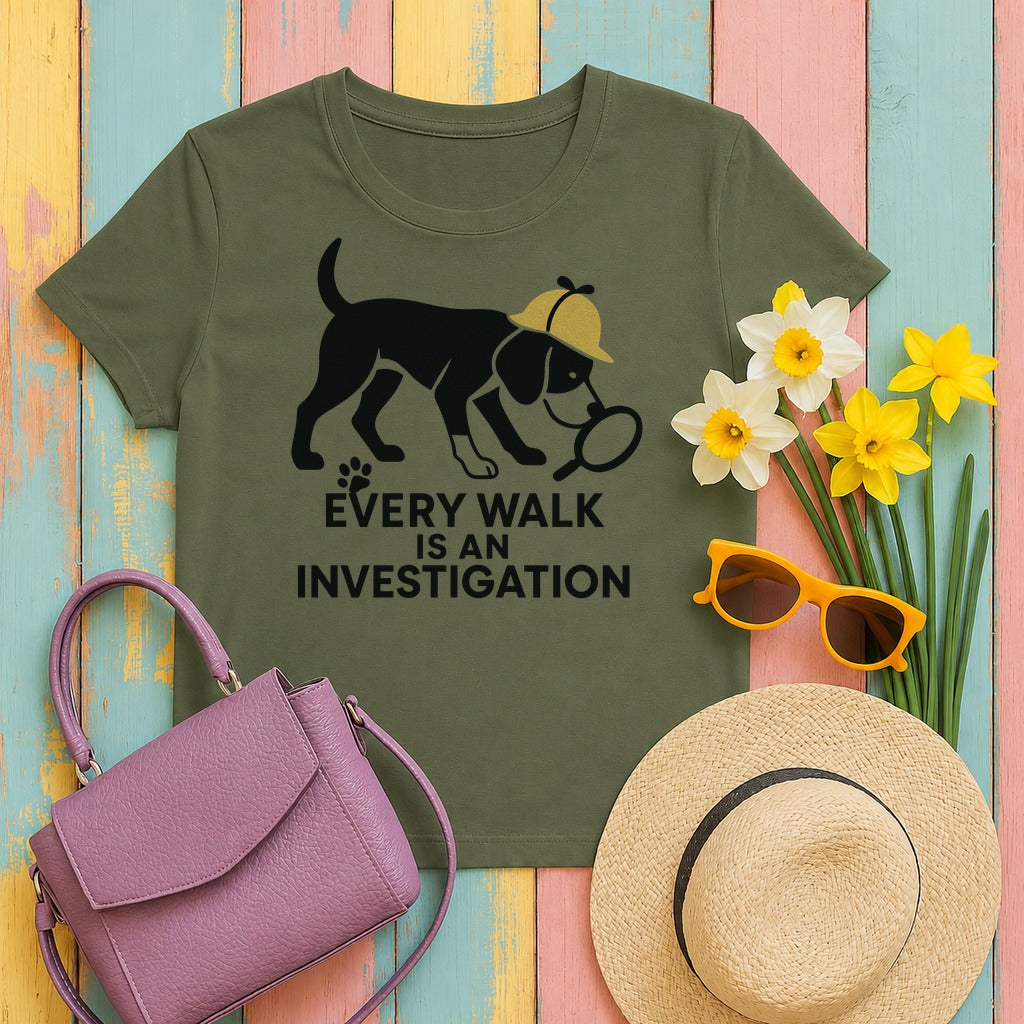 Every Walk Is An Investigation Beagle Artwork T-Shirt in Military Green