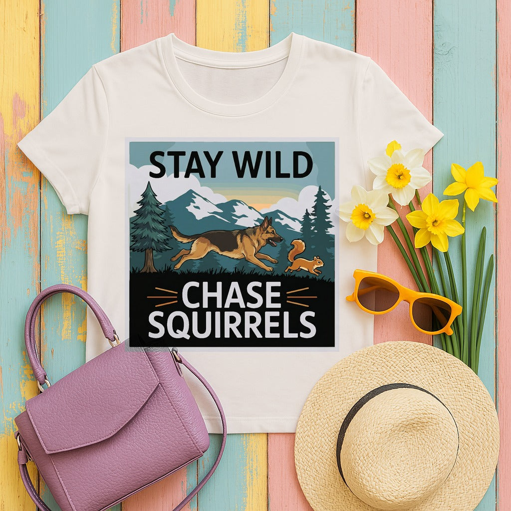 Stay Wild Chase Squirrels German Shepherd T-Shirts in Ice Grey