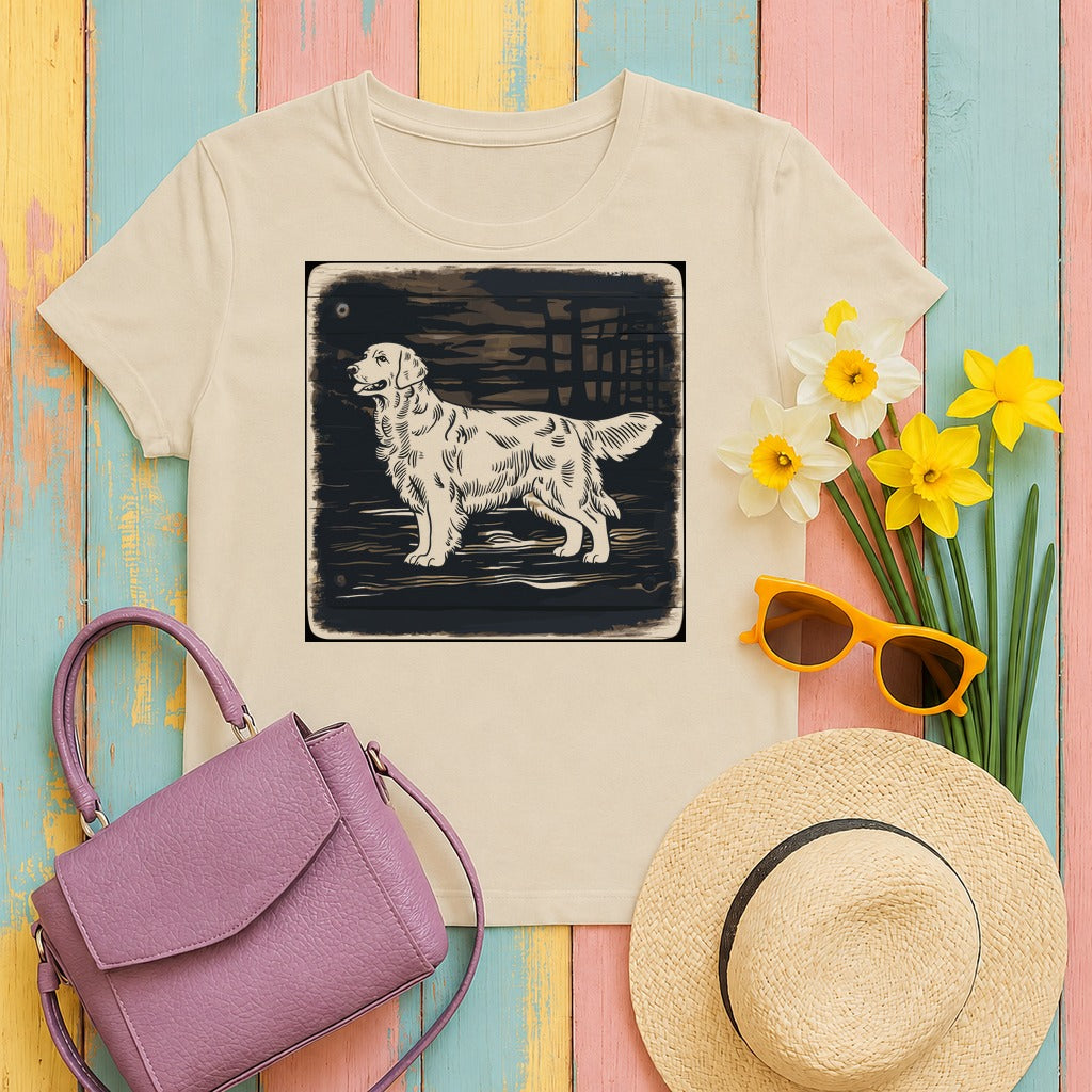 Golden Retriever Woodcut Style T-Shirts in Sand