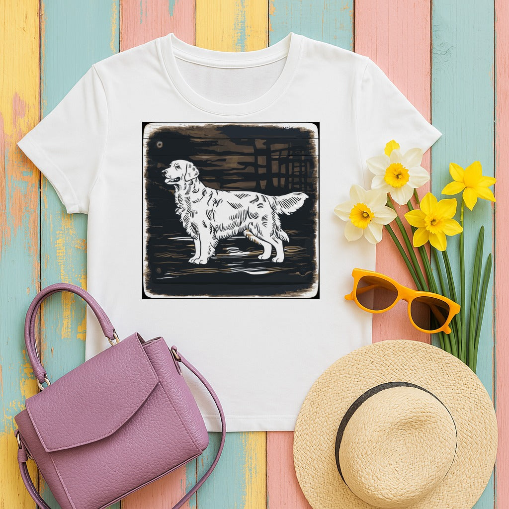 Golden Retriever Woodcut Style T-Shirts in White