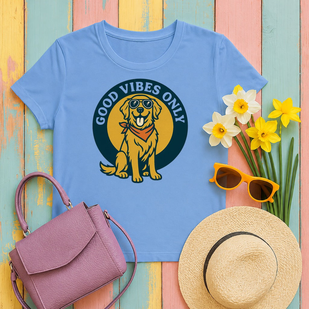 Good Vibes Only Golden Retriever With Glasses T-Shirt in Carolina Blue