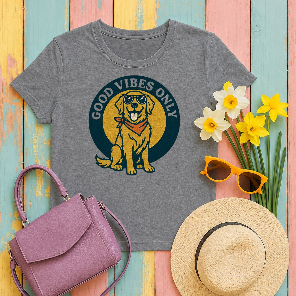 Good Vibes Only Golden Retriever With Glasses T-Shirt in Graphite Heather