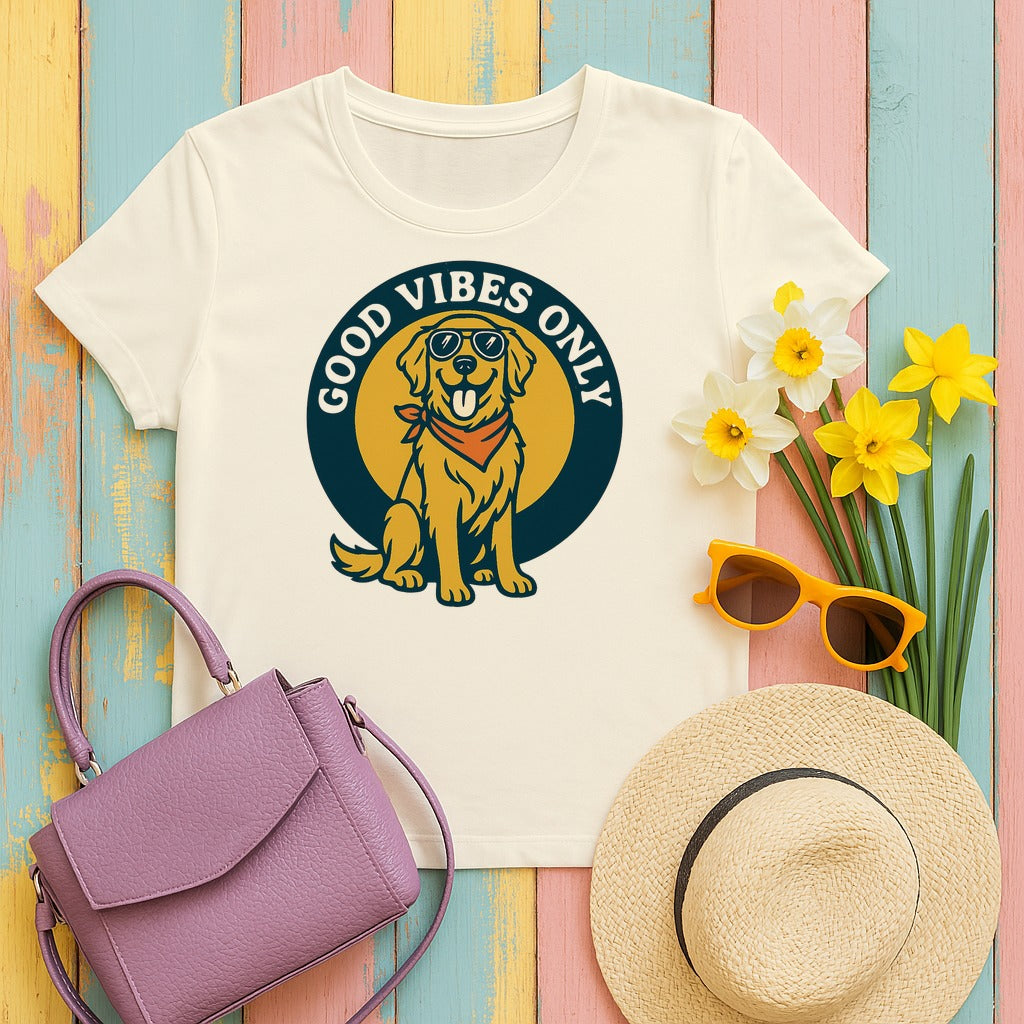 Good Vibes Only Golden Retriever With Glasses T-Shirt in Natural