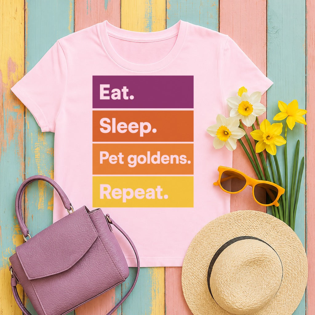 Golden Retriever — Eat Sleep Pet Goldens Repeat Graphic T-shirt in Light Pink