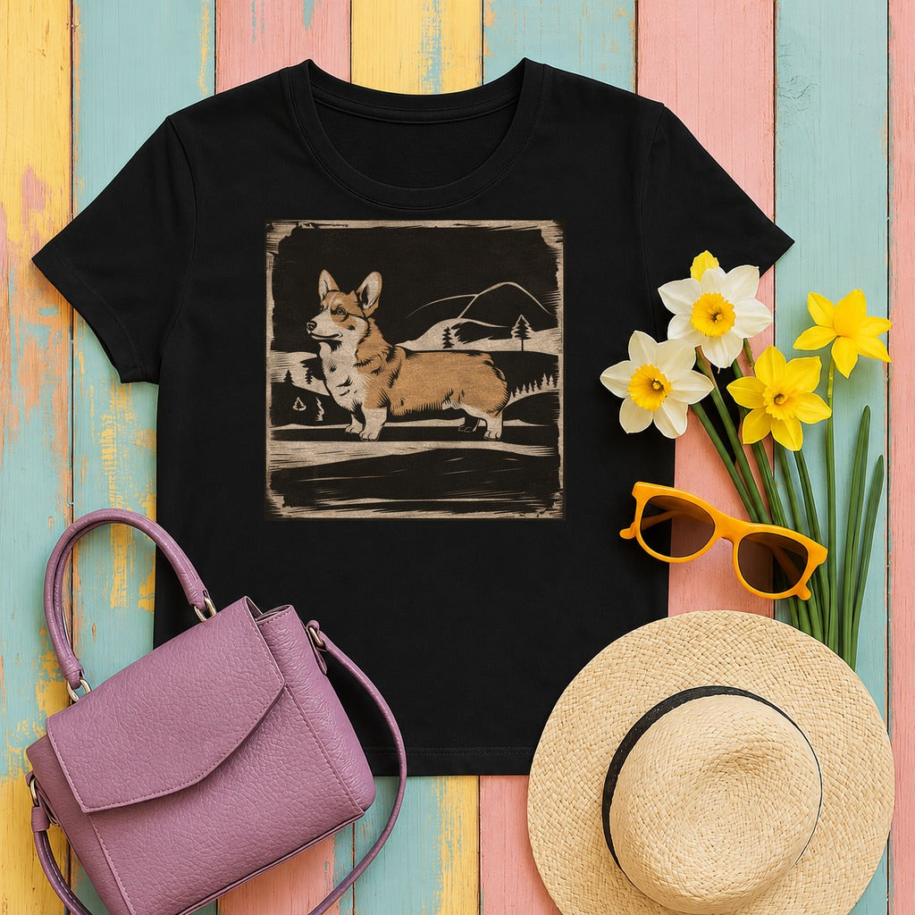 Cute Corgi with Mountains Design T-Shirts in Black