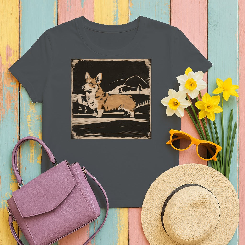 Cute Corgi with Mountains Design T-Shirts in Charcoal