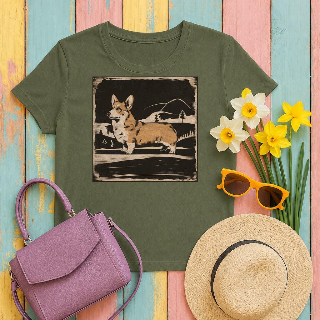 Cute Corgi with Mountains Design T-Shirts in Military Green