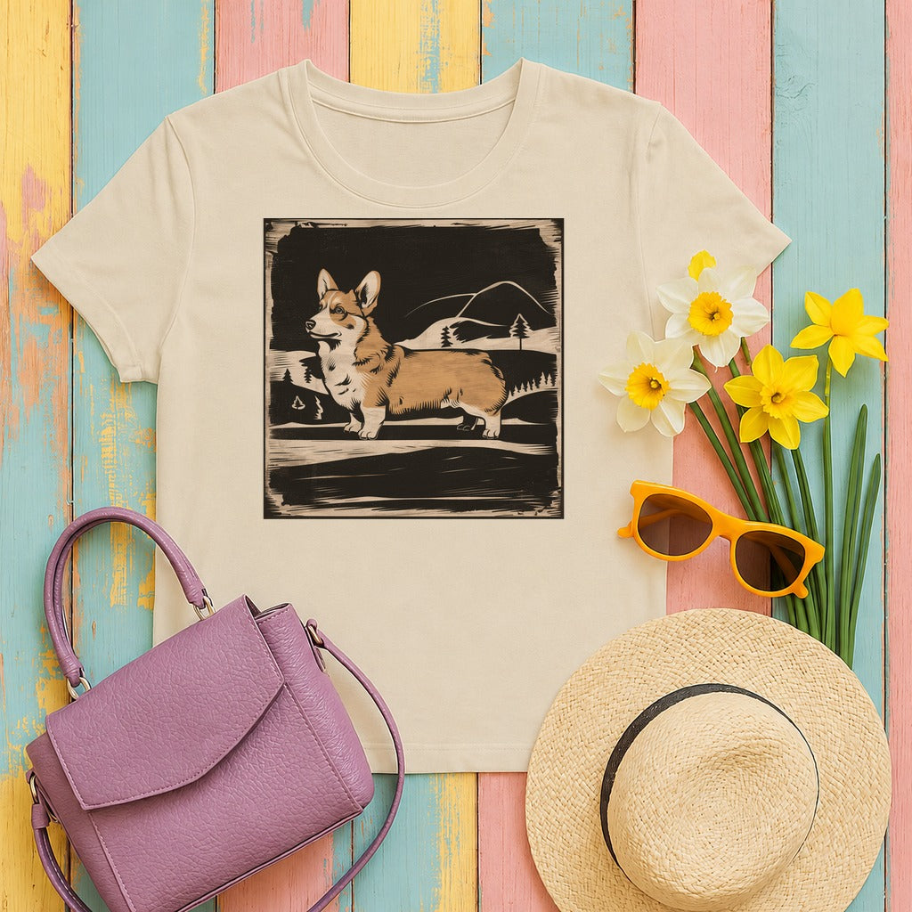 Cute Corgi with Mountains Design T-Shirts in Sand