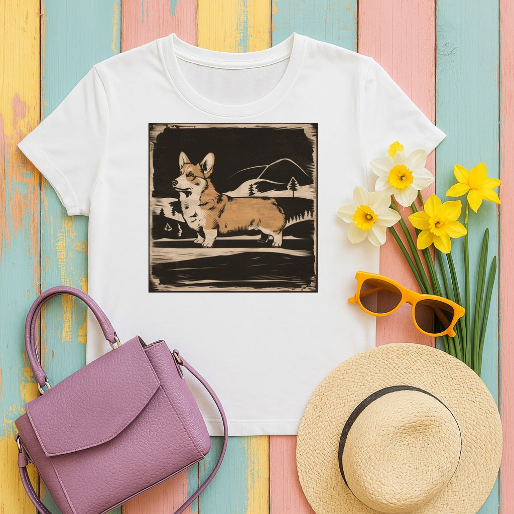 Cute Corgi with Mountains Design T-Shirts in White