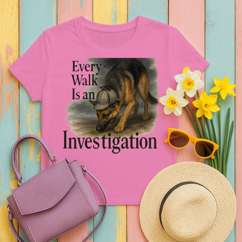 Every Walk Is An Investigation German Shepherd Dog T-Shirt in Azalea