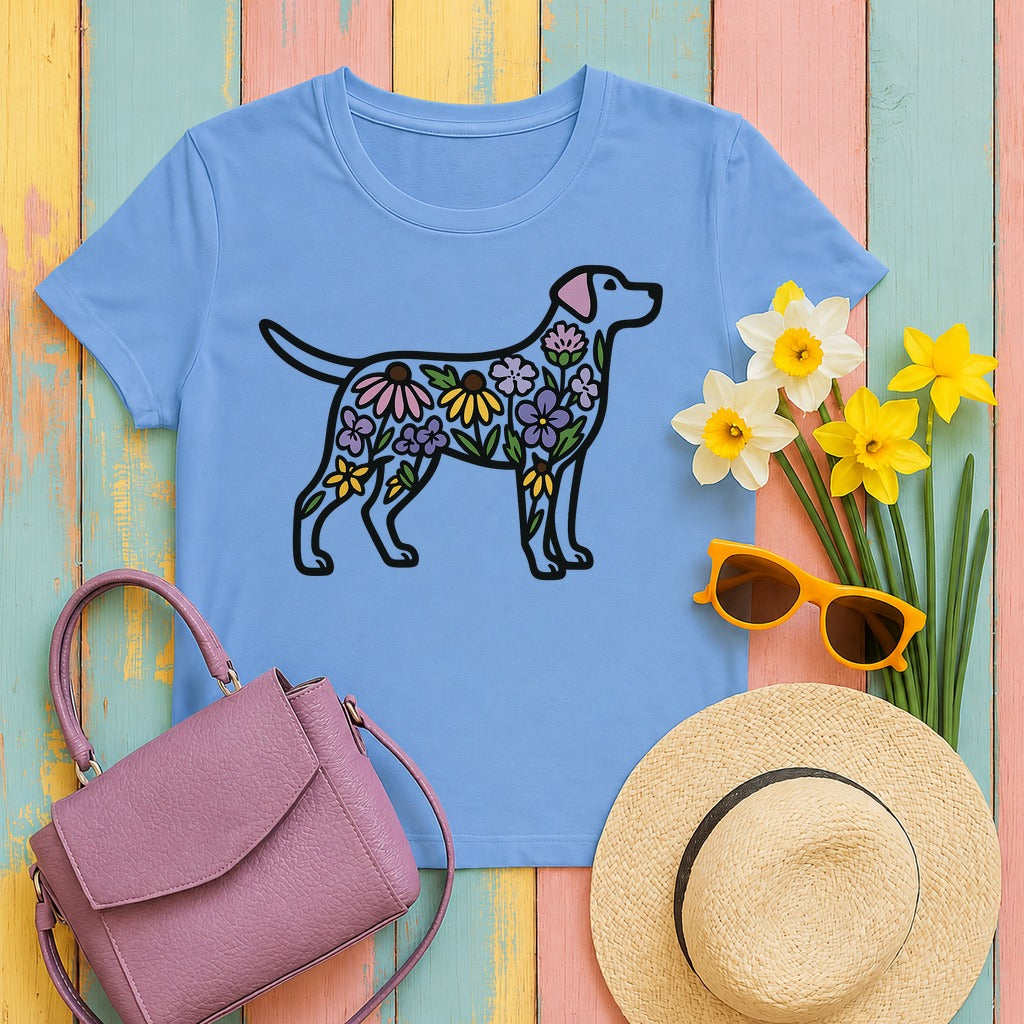 Dog Silhouette Filled with Flowers Graphic Art T-Shirt in Carolina Blue