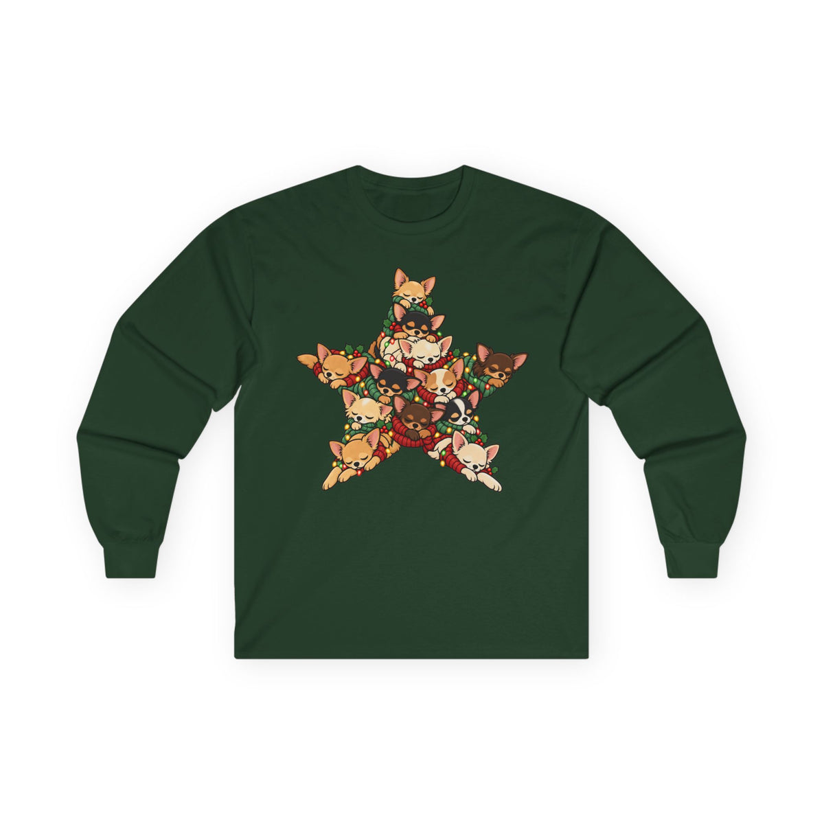 Chihuahua Christmas Star long sleeve tee in Forest Green