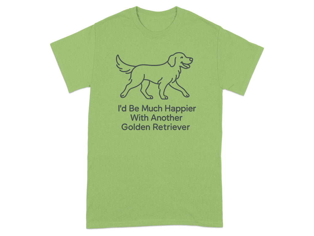 Light green t-shirt with a line drawing of a Golden Retriever and text.