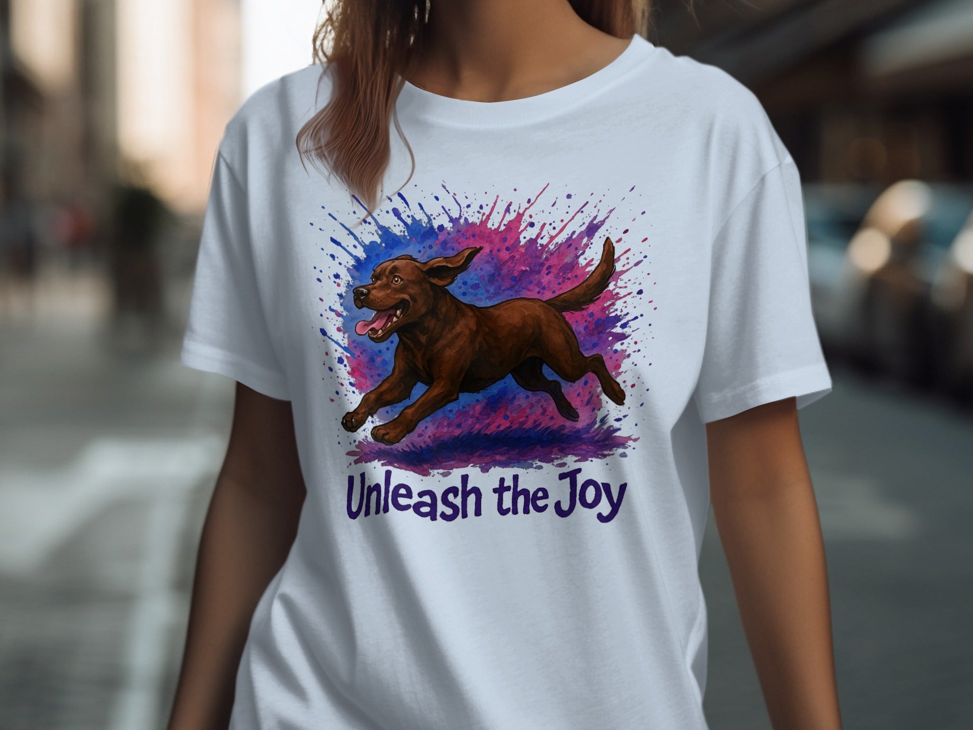 White t-shirt with brown dog running through blue and pink paint splatters, text "Unleash the Joy".
