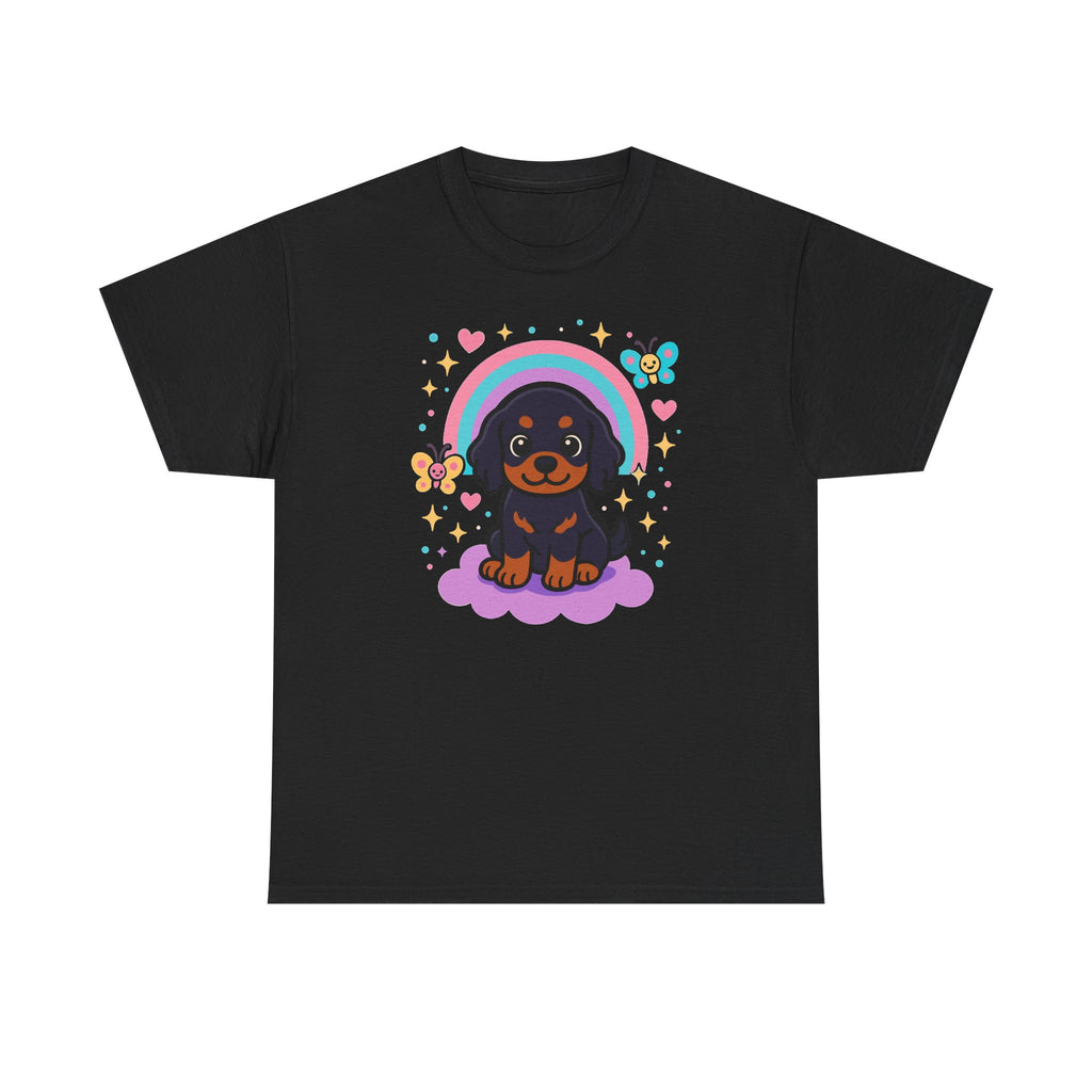 Cute Puppy Gordon Setter On Cloud Under Rainbows Stars and Hearts T-Shirt