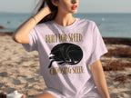 White t-shirt with black dog illustration and text: "BUILT FOR SPEED CHOOSING SLEEP."