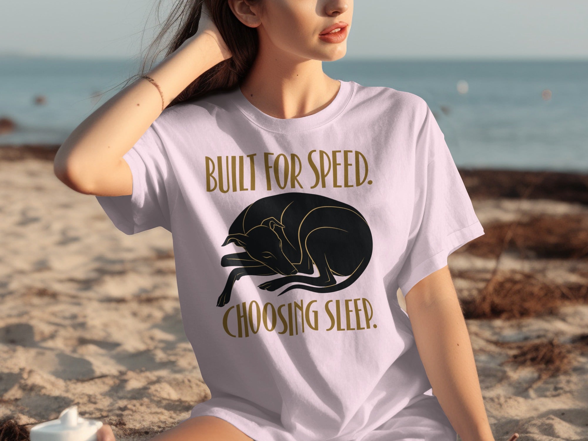 White t-shirt with black dog illustration and text: "BUILT FOR SPEED CHOOSING SLEEP."