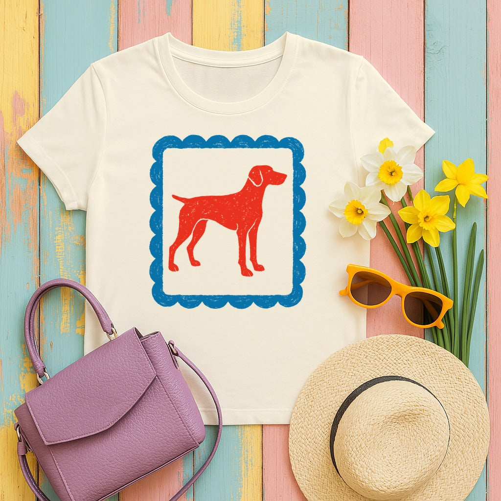 Red Vizsla Dog within a Blue Scalloped Frame T-Shirt in Natural