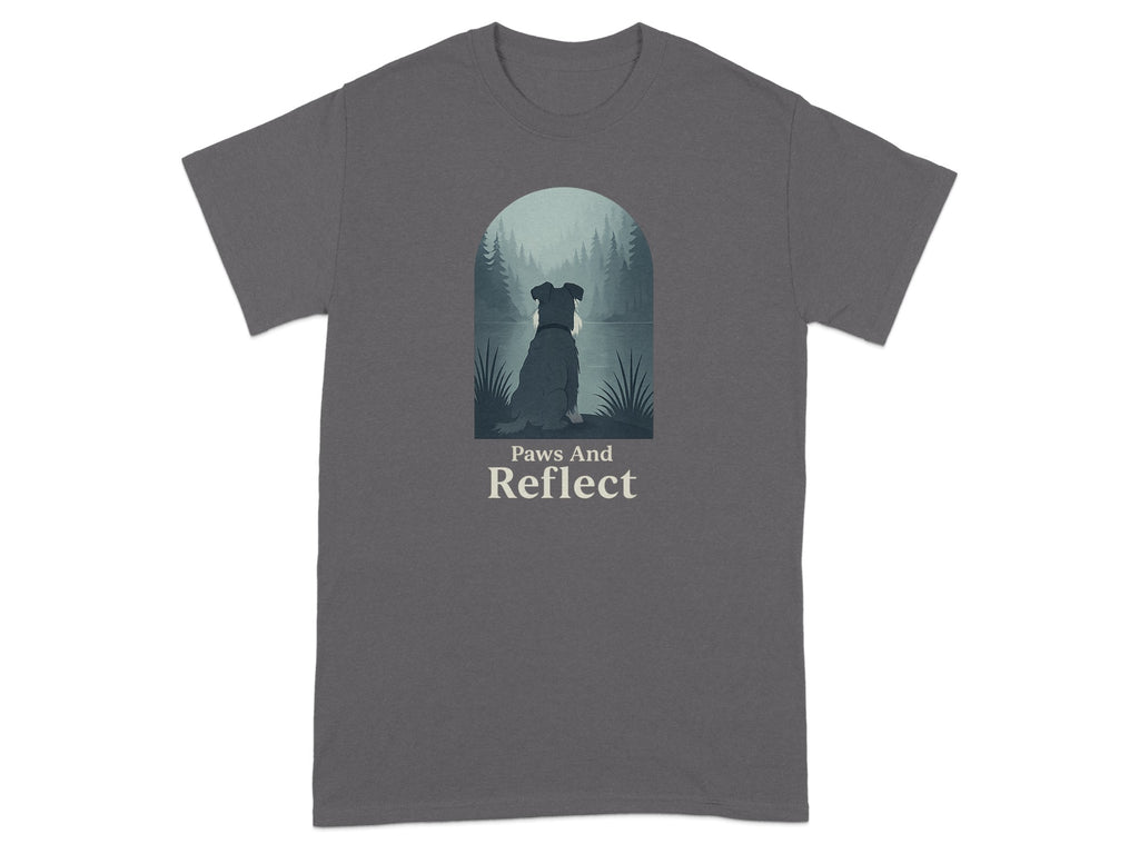 Gray t-shirt with a dog sitting by a lake with text "Paws And Reflect".