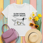 english setter slow-down-enjoy-walks tee flat lay hero