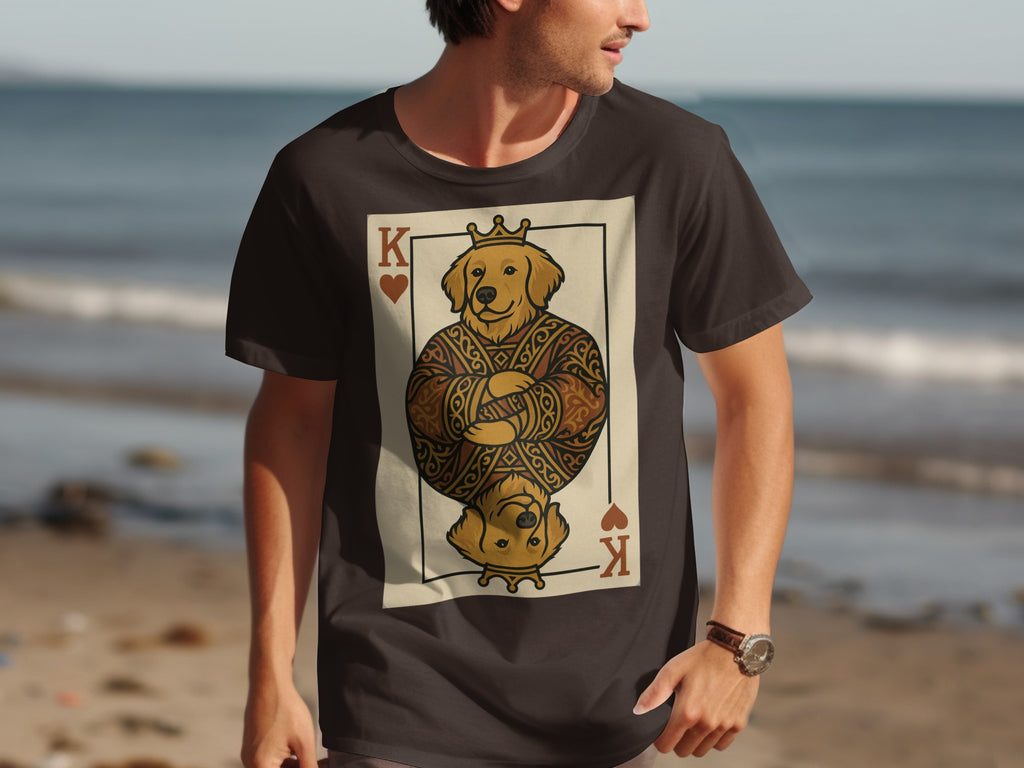 T-shirt with King of Hearts playing card graphic featuring a golden retriever.