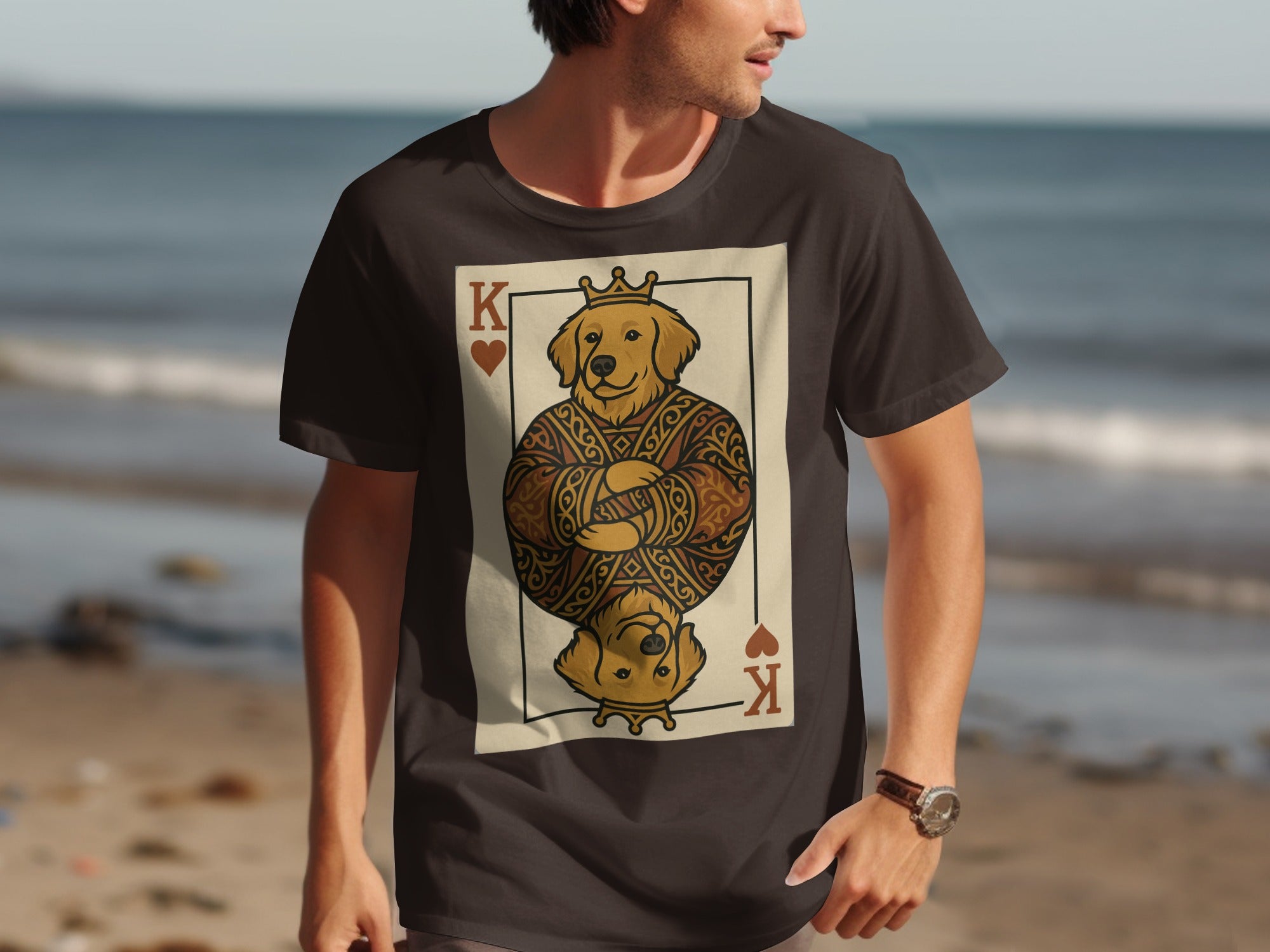 T-shirt with King of Hearts playing card graphic featuring a golden retriever.
